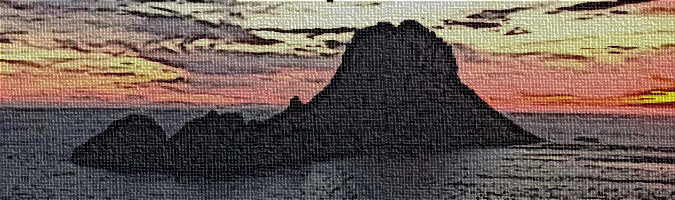 Elaborazione grafica del tramonto su Isla de es Vedra